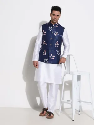 Men White Solid Raw Silk Ethnic Kurta Set with Nehru Jacket