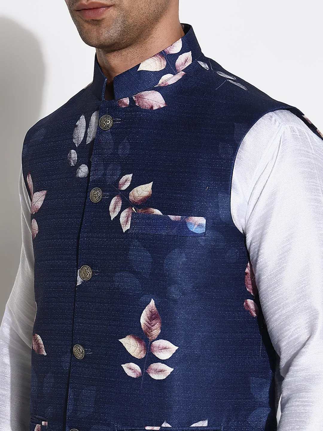 Men White Solid Raw Silk Ethnic Kurta Set with Nehru Jacket