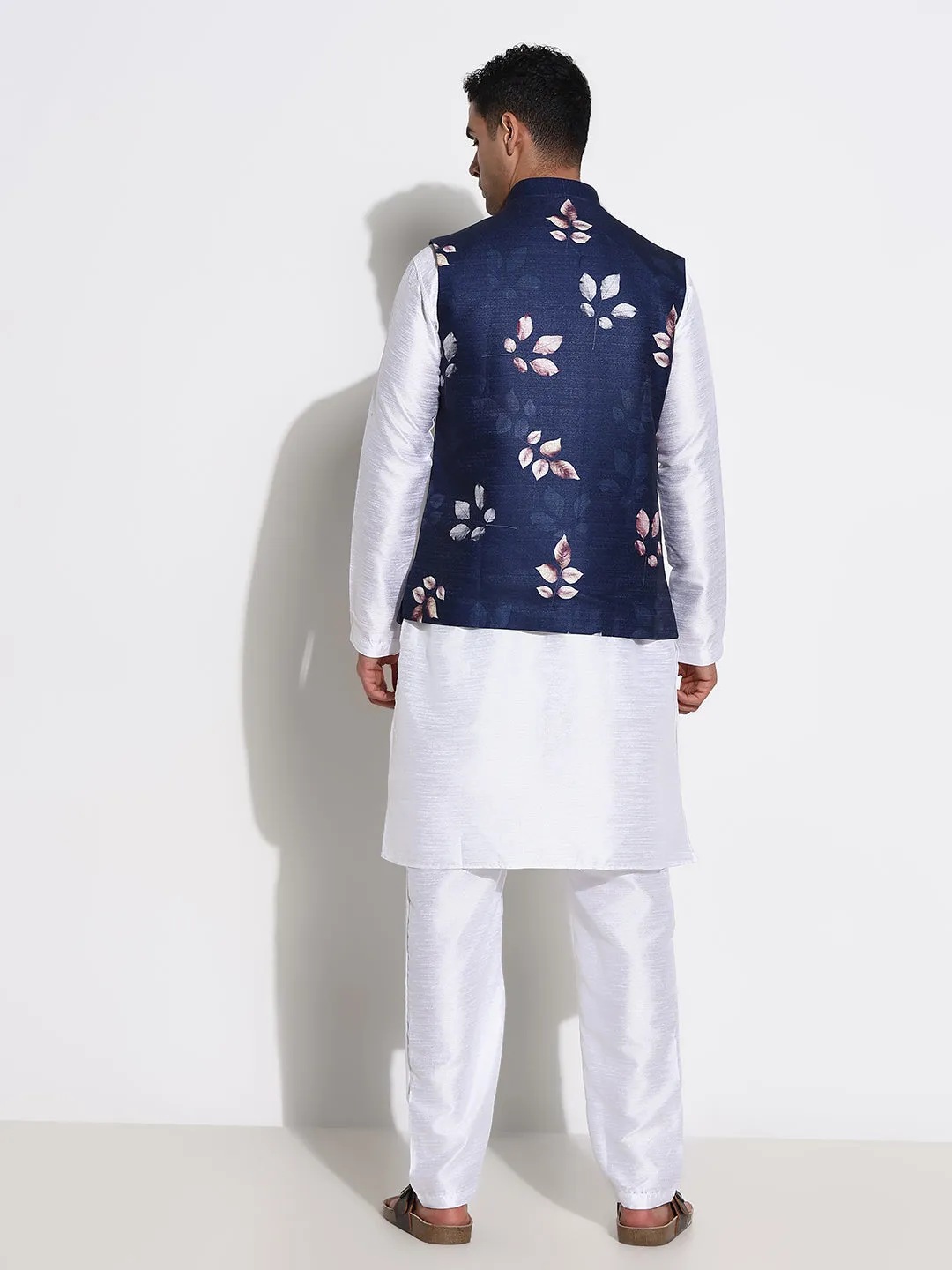 Men White Solid Raw Silk Ethnic Kurta Set with Nehru Jacket