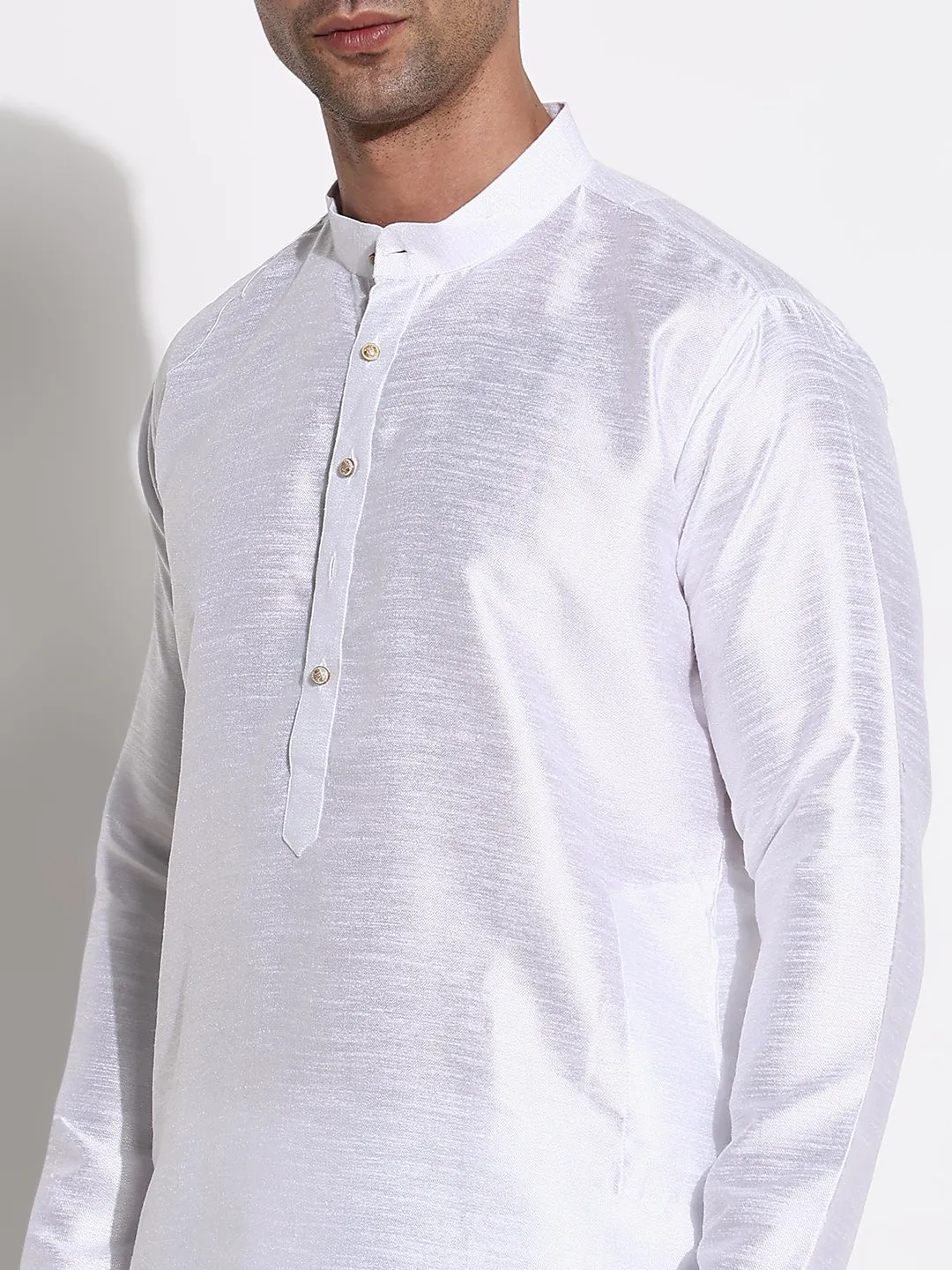 Men White Solid Raw Silk Ethnic Kurta Set with Nehru Jacket
