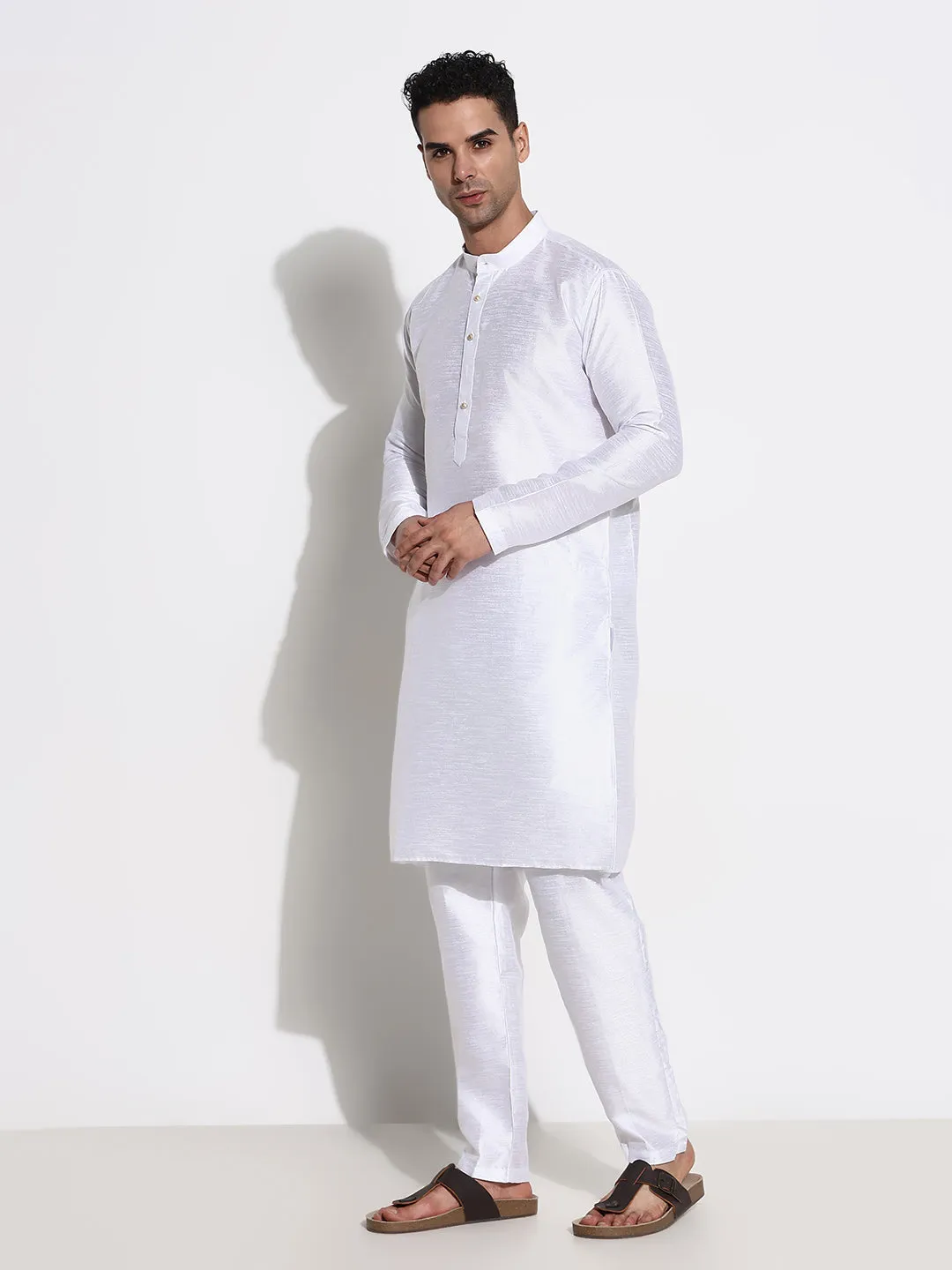 Men White Solid Raw Silk Ethnic Kurta Set with Nehru Jacket