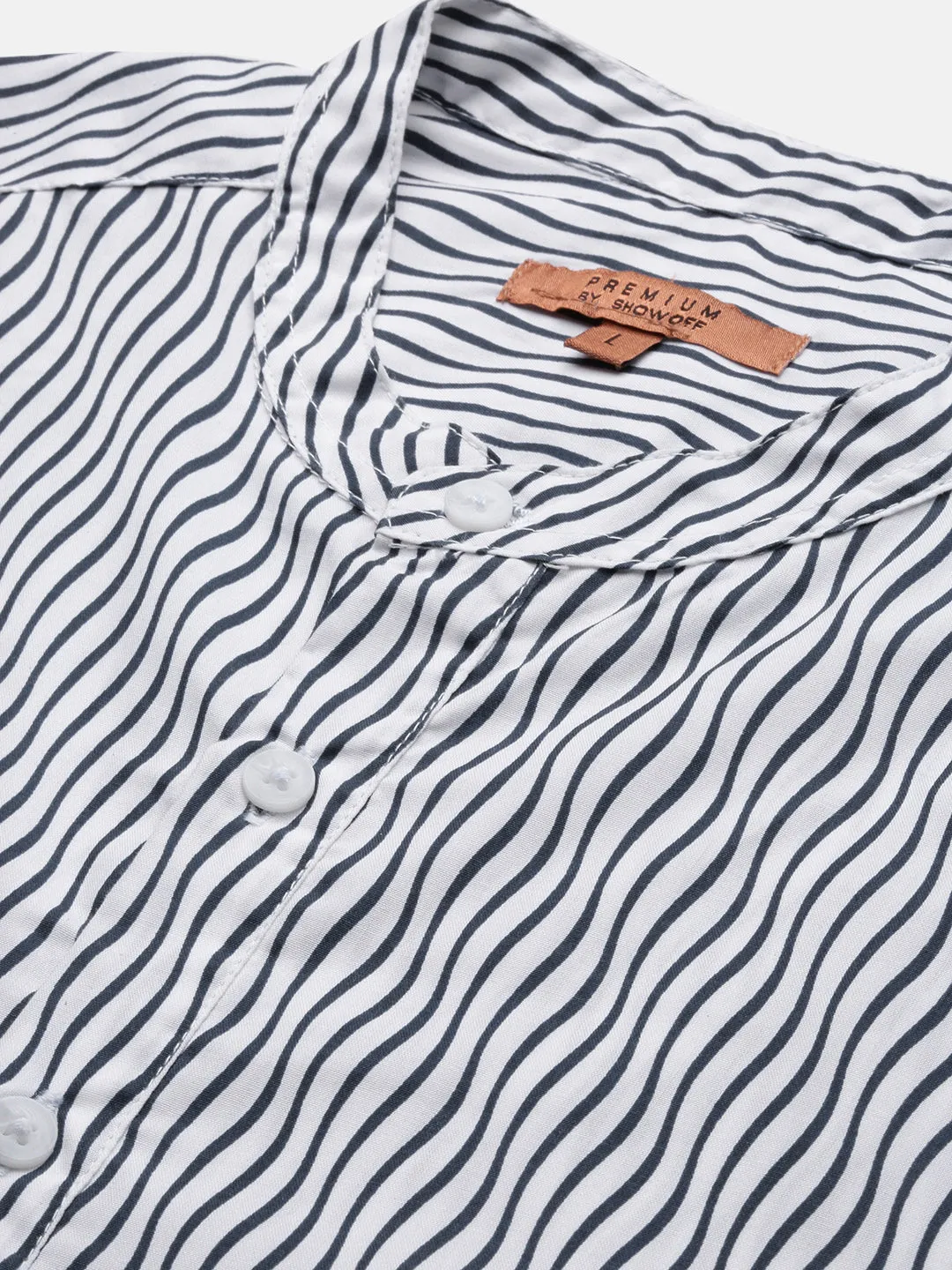 Men White Striped Mandarin Collar Roll Up Sleeves Straight Shirt