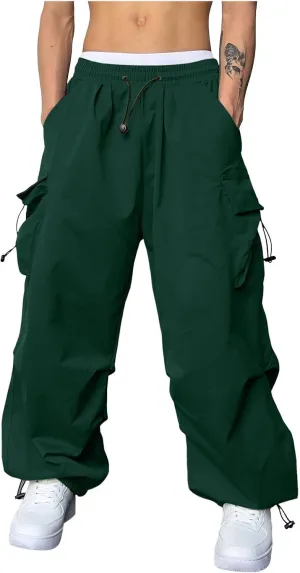 Men's Baggy Cargo Pants Trendy Casual Parachute Pants Drawstring Loose Fit Sweatpants Multi Pockets