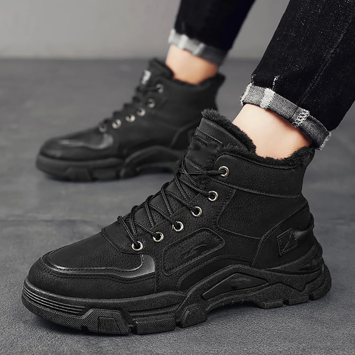 Men's Work Boots Wide Width Hiking Sneakers Warm Fur Lined Women's Workout Shoes Slip Resistant Wide Outdoor Shoes Slip on Loafers Hike Grounded Footwear