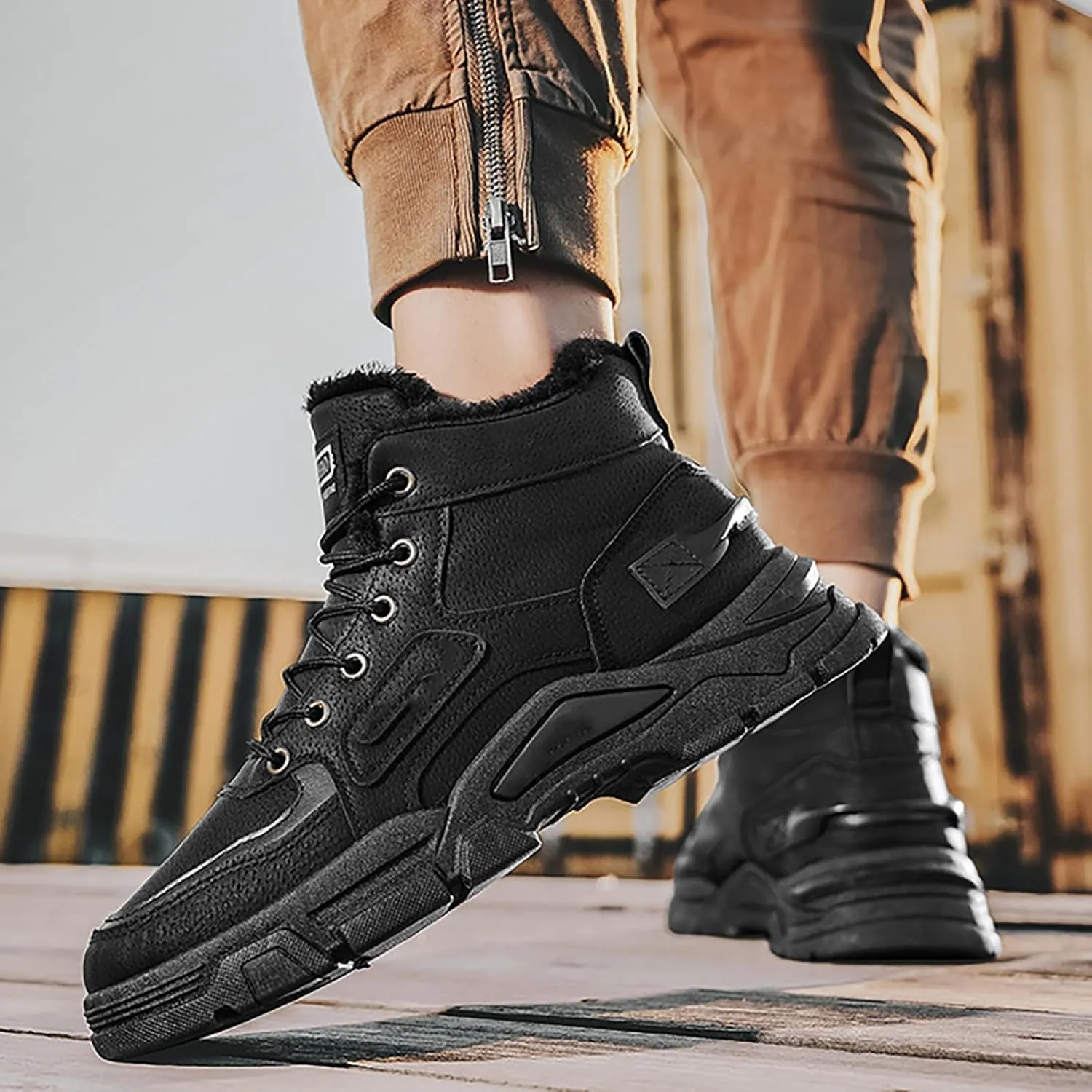 Men's Work Boots Wide Width Hiking Sneakers Warm Fur Lined Women's Workout Shoes Slip Resistant Wide Outdoor Shoes Slip on Loafers Hike Grounded Footwear