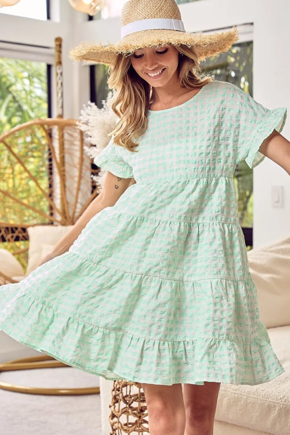 Mint Gingham Tiered Ruffle Dress – Breezy Elegance