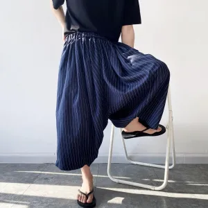 Neo Japan Samurai Hakama Style Pinstripe Skirt Pants (Navy)