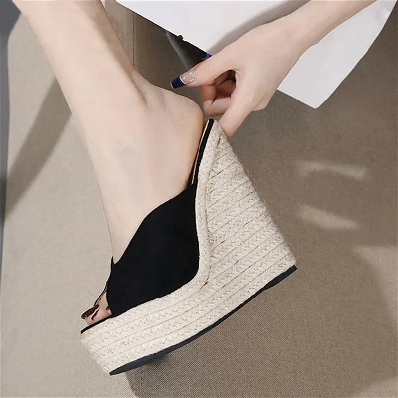 Open Toe Platform Straw Braid Slip On Wedge Sandals