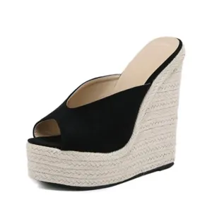 Open Toe Platform Straw Braid Slip On Wedge Sandals