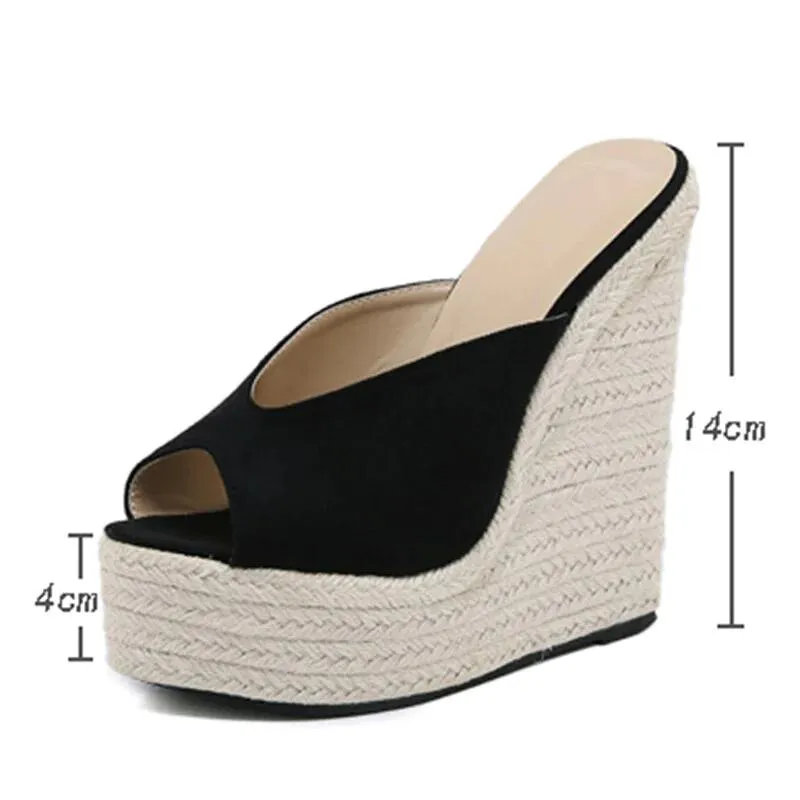 Open Toe Platform Straw Braid Slip On Wedge Sandals