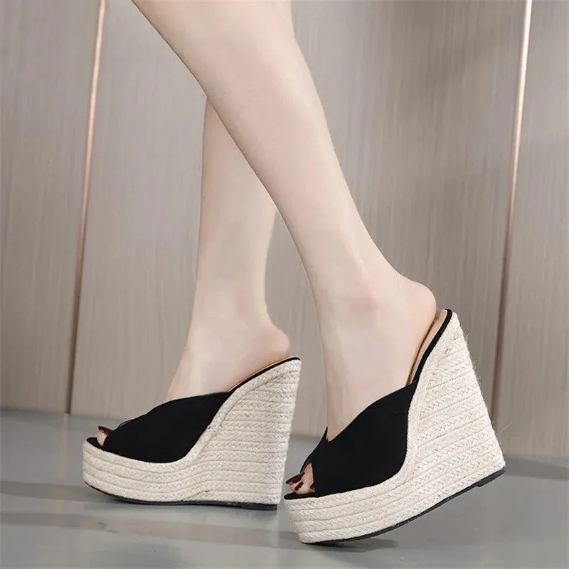 Open Toe Platform Straw Braid Slip On Wedge Sandals