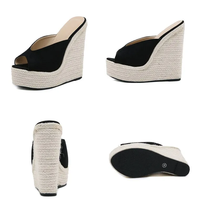 Open Toe Platform Straw Braid Slip On Wedge Sandals