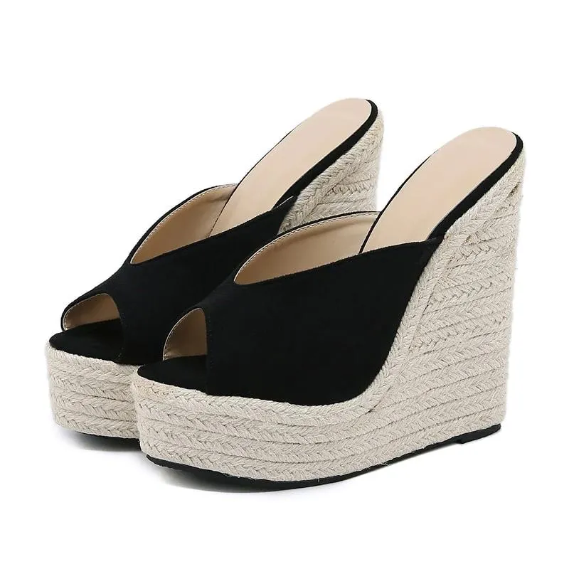 Open Toe Platform Straw Braid Slip On Wedge Sandals