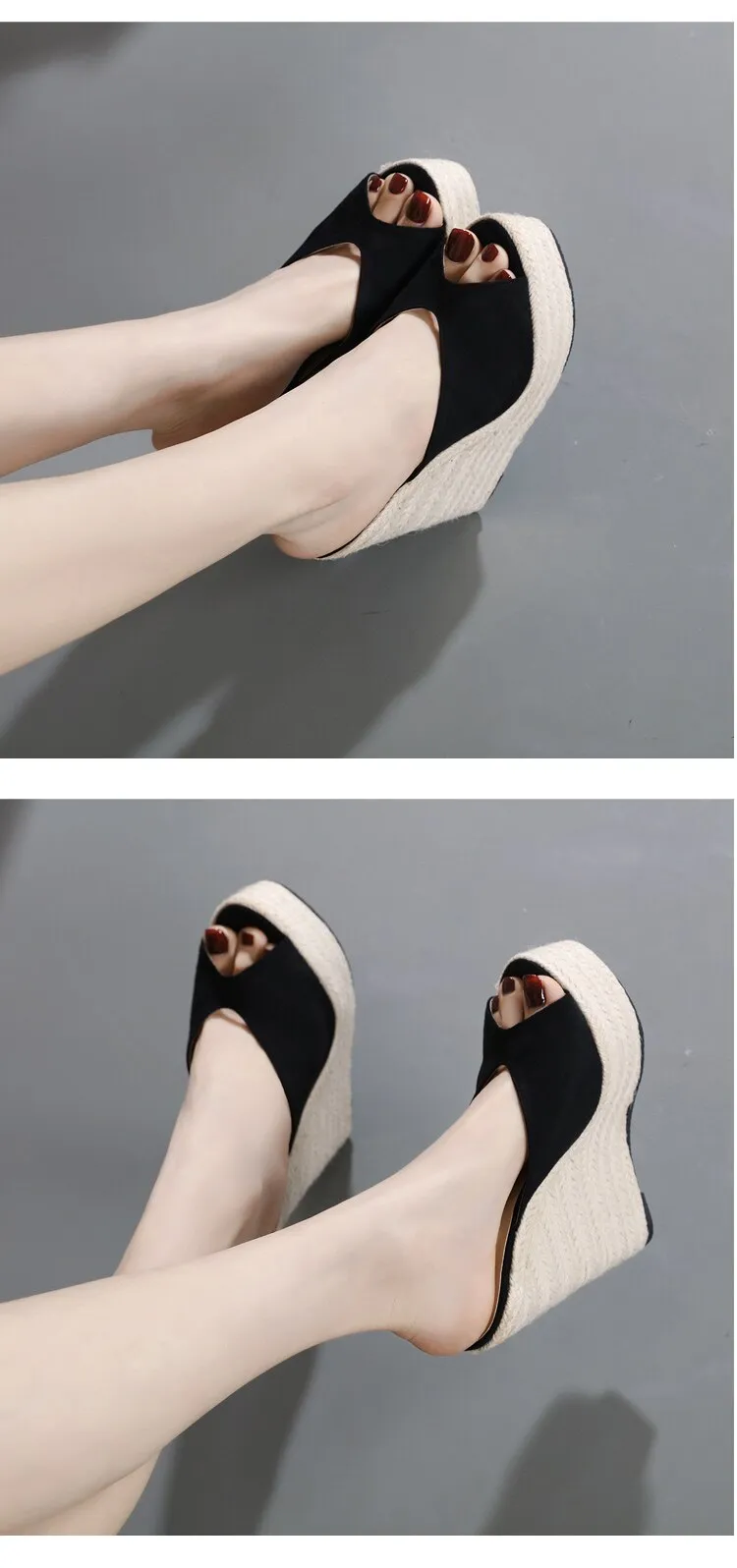 Open Toe Platform Straw Braid Slip On Wedge Sandals