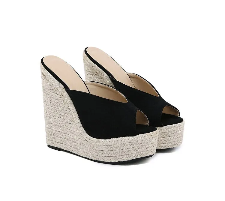 Open Toe Platform Straw Braid Slip On Wedge Sandals