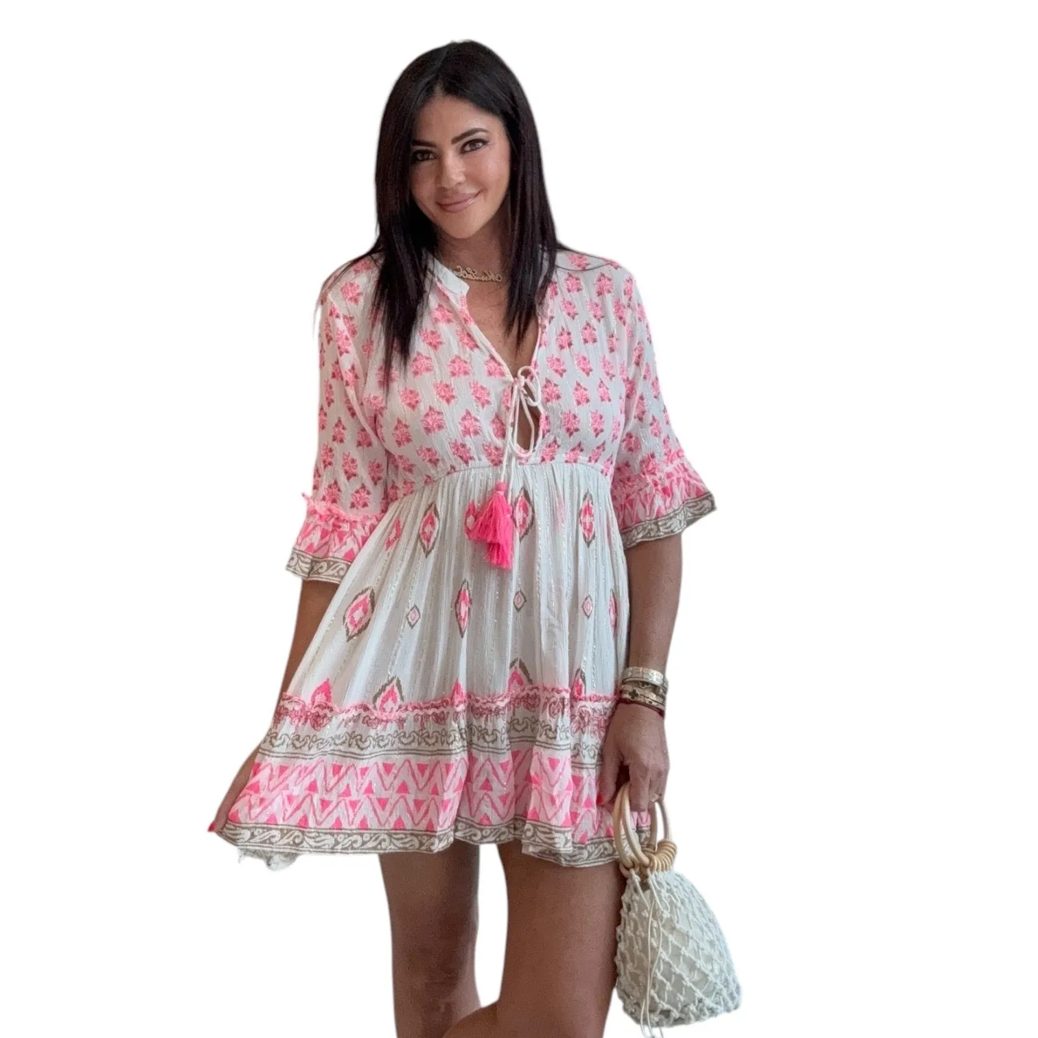 Paloma Pink Boho Mini Dress – Tassel Tie Beach Style