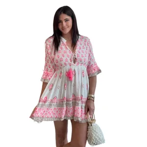 Paloma Pink Boho Mini Dress – Tassel Tie Beach Style