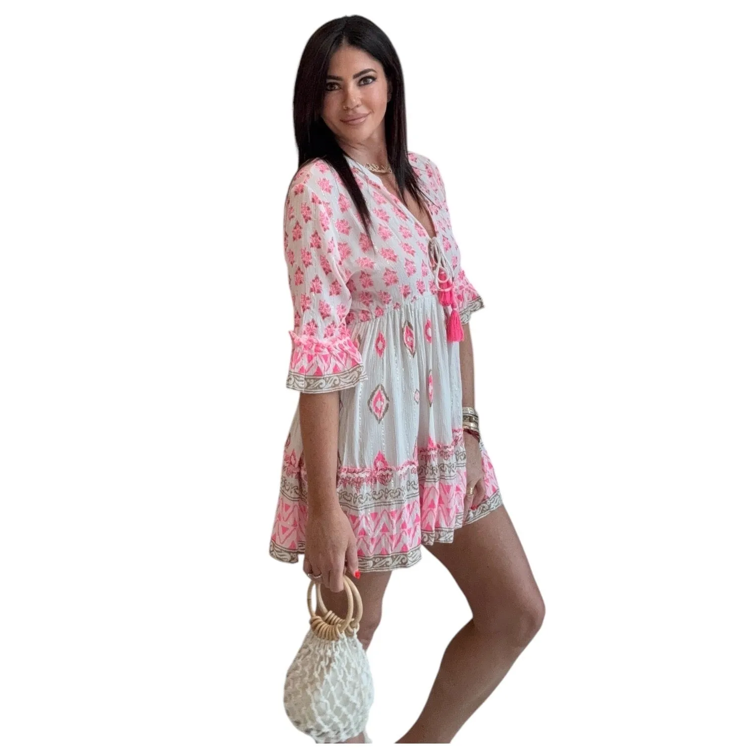 Paloma Pink Boho Mini Dress – Tassel Tie Beach Style