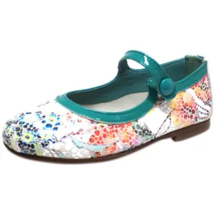 Papanatas by Eli Teal Metallic Floral Print Mary Janes Button Flats