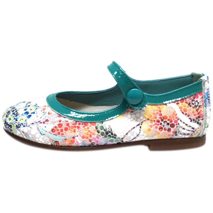 Papanatas by Eli Teal Metallic Floral Print Mary Janes Button Flats