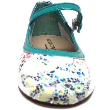 Papanatas by Eli Teal Metallic Floral Print Mary Janes Button Flats