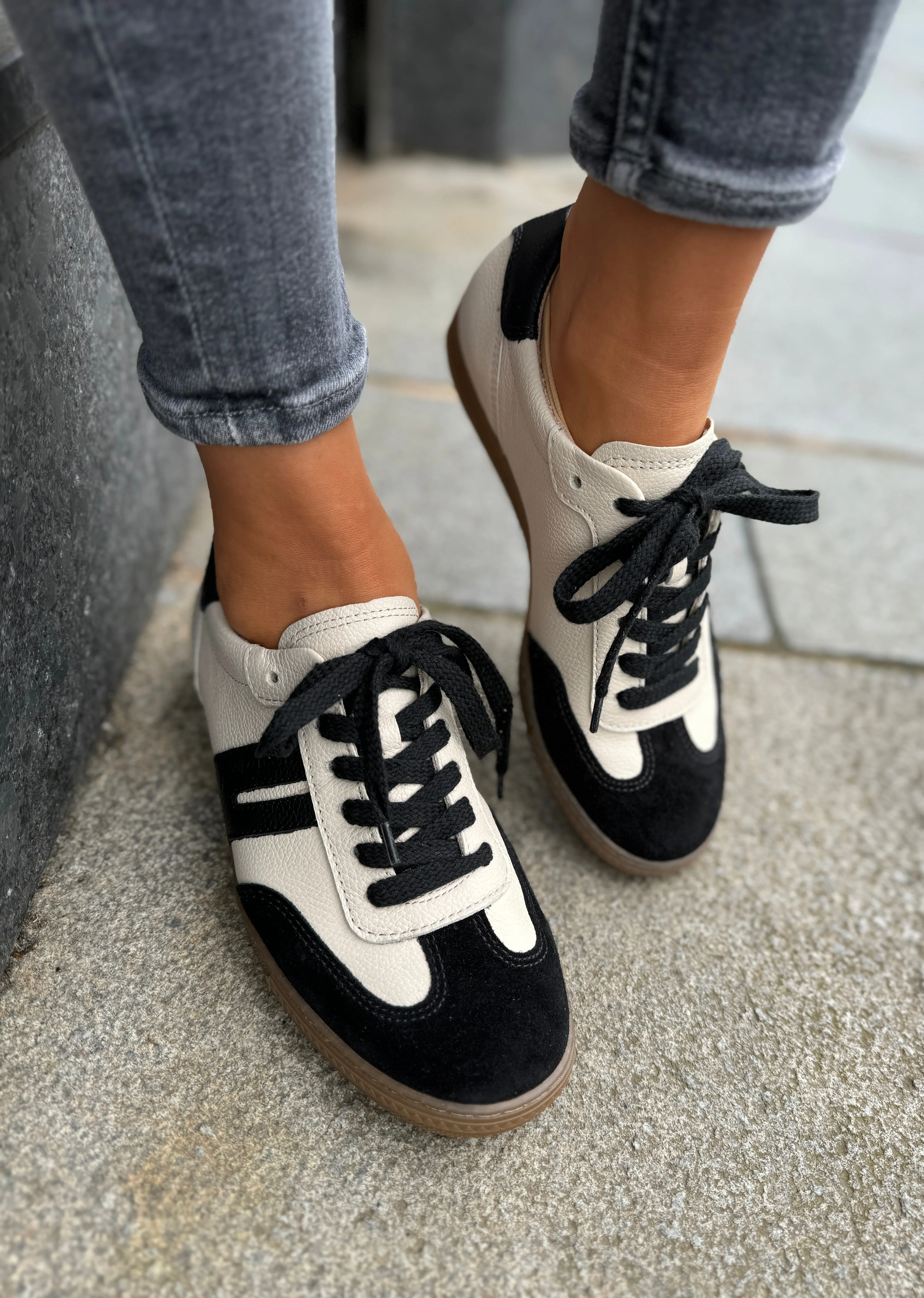 Paul Green (SS25) Lace Up Trainer With Suede Inserts 5350-18x - Black/Biscuit (PG17