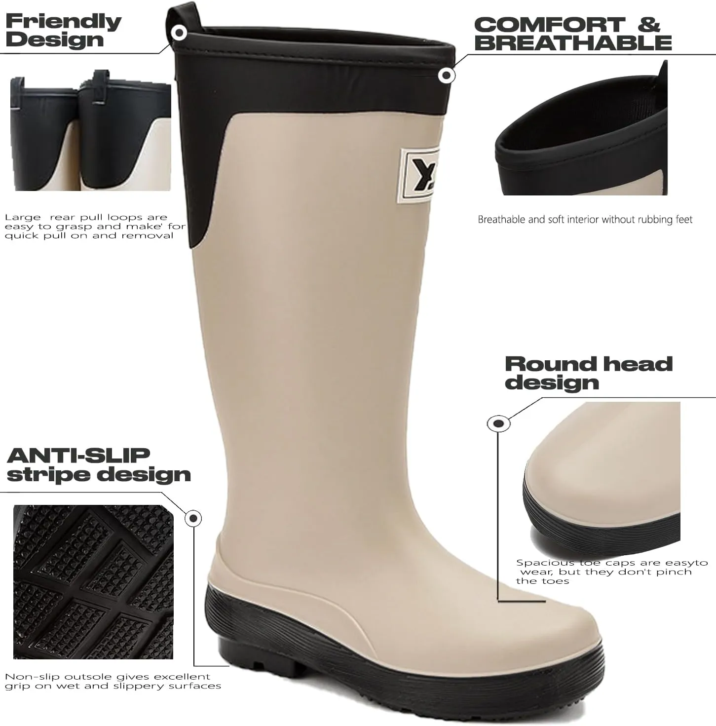 Rain Boots for Women and Waterproof Garden Shoes, Anti-Slipping Rubber Boots Lightweight Work Tall Fishing Boots for Outdoor