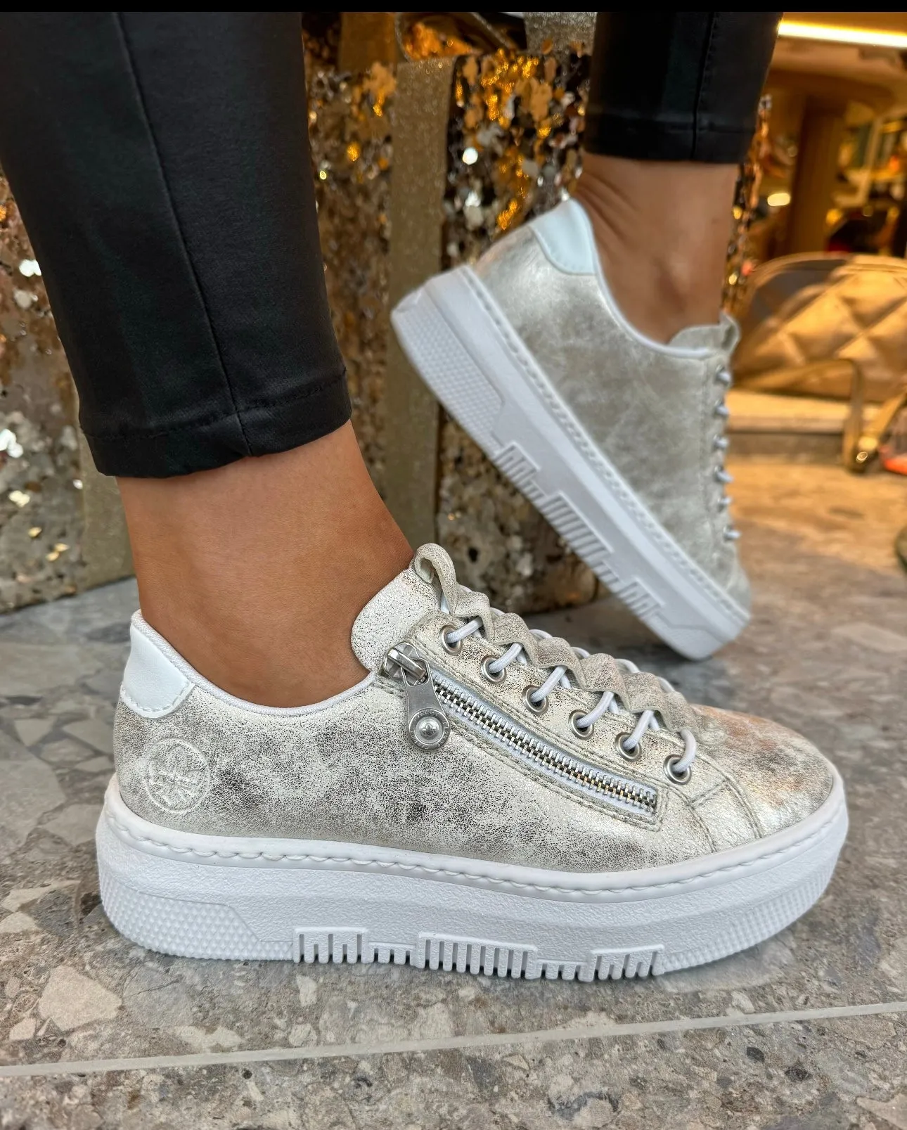 Rieker (SS25) Light Weight Metallic Trainer With Elasticated Laces M1953-60 - Beige Combination (R42)