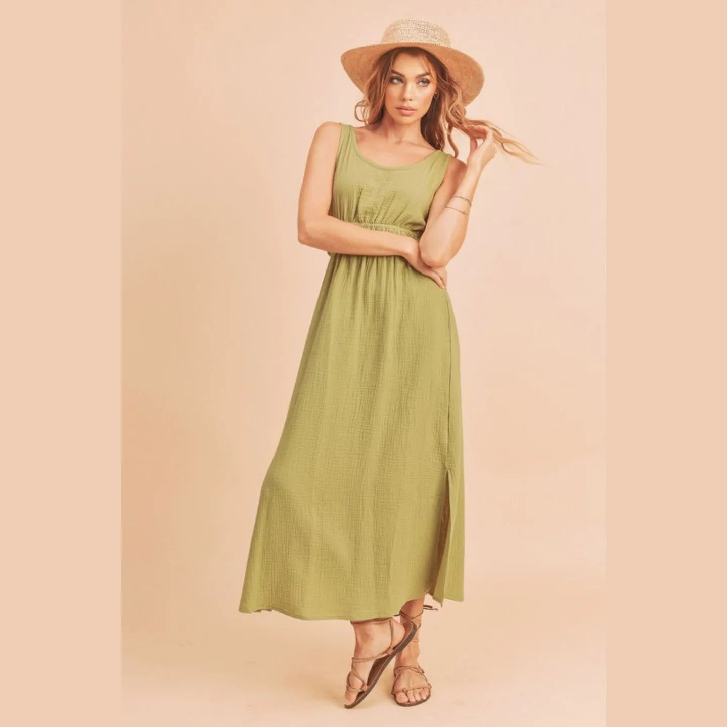 Side Slit Round Neck Sleeveless Tank Dress