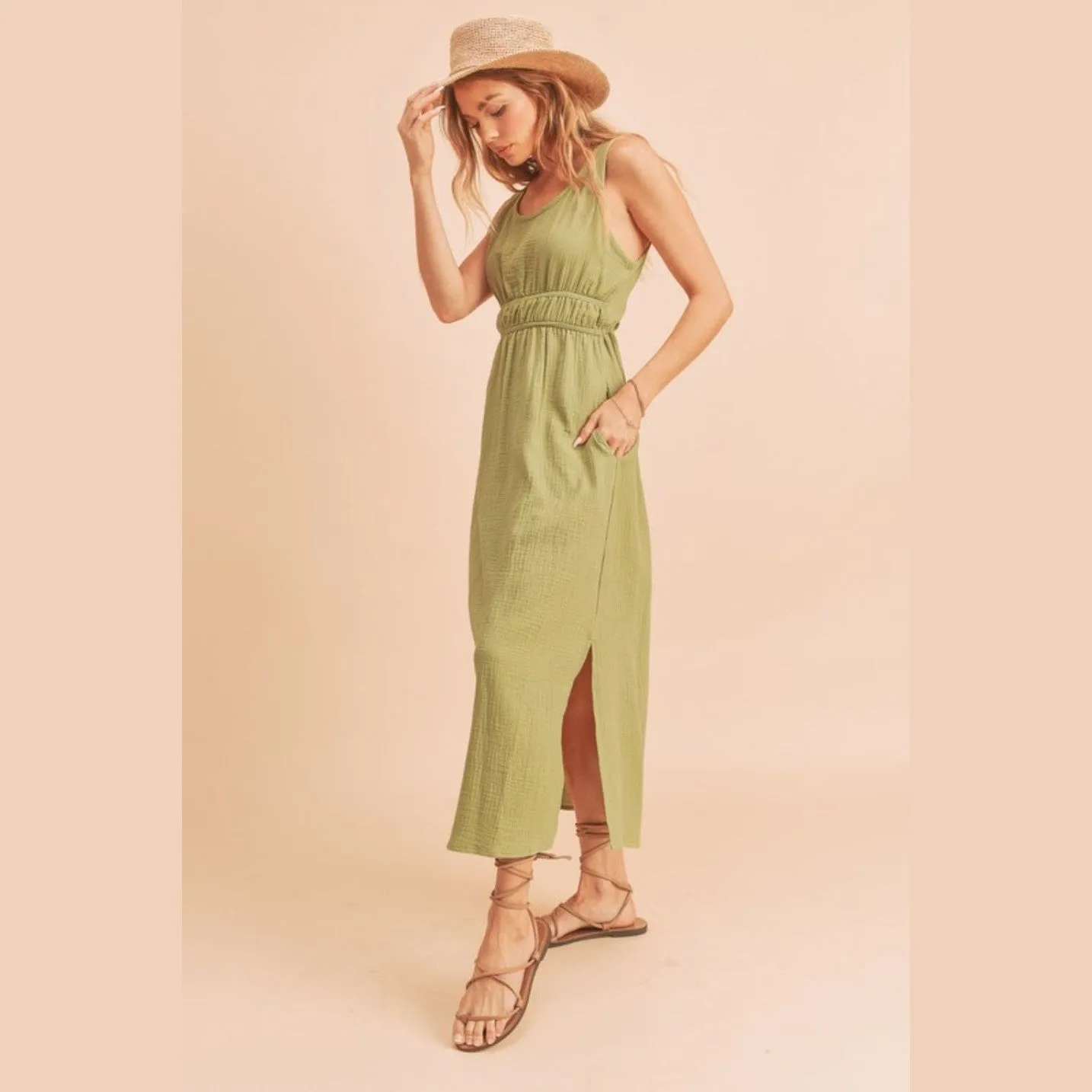 Side Slit Round Neck Sleeveless Tank Dress