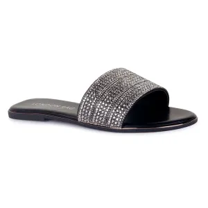 Silver Embellished Casual Slides in Black