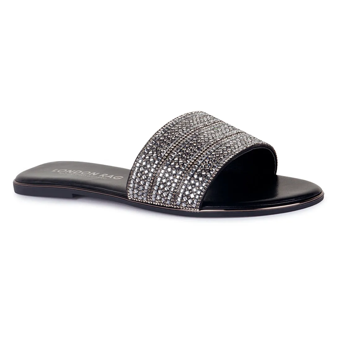 Silver Embellished Casual Slides in Black