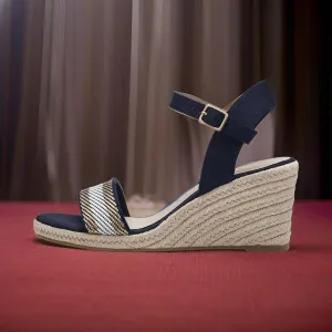Tamaris Navy Vegan Wedge Sandals - Stripe Detail