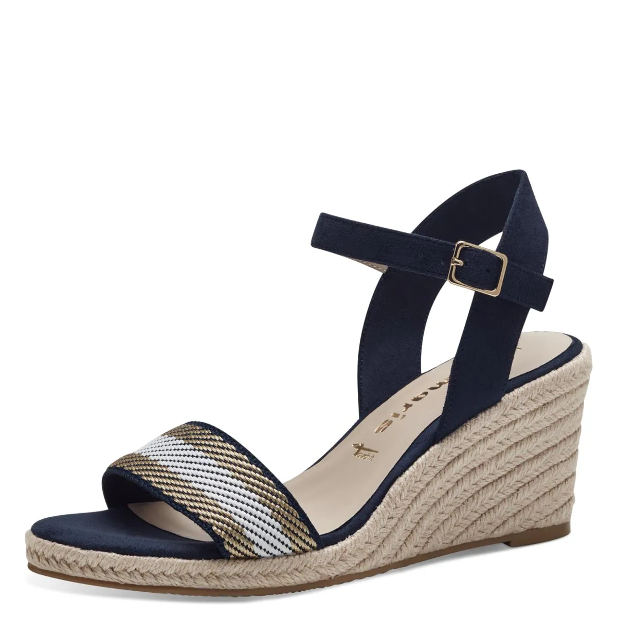 Tamaris Navy Vegan Wedge Sandals - Stripe Detail