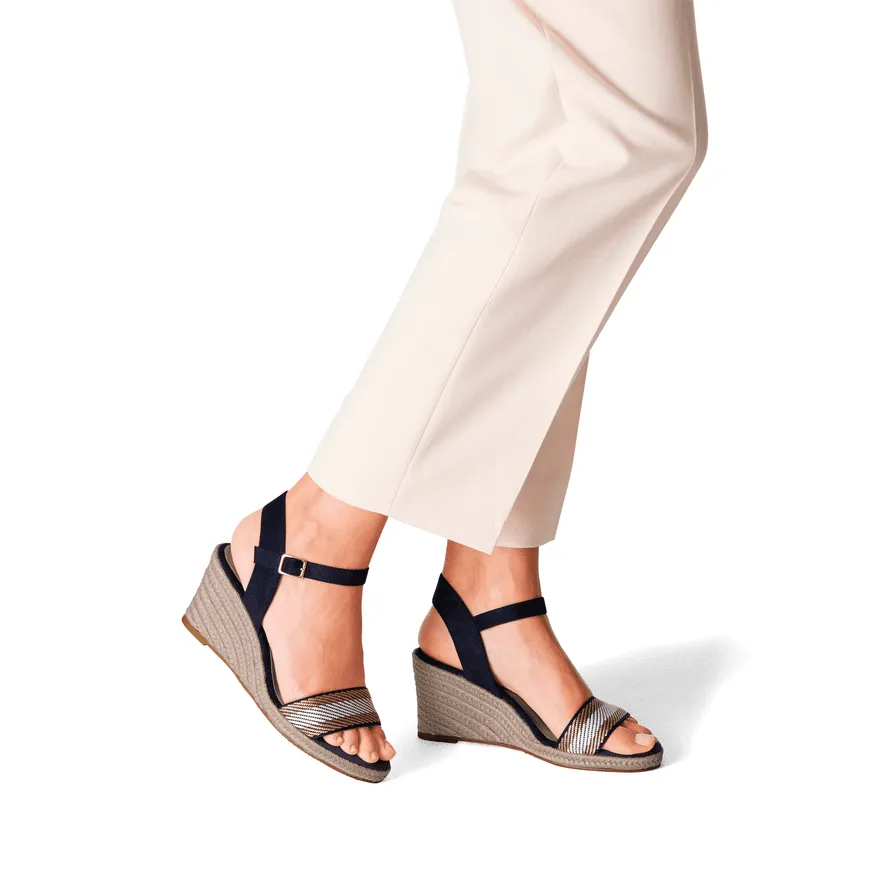 Tamaris Navy Vegan Wedge Sandals - Stripe Detail