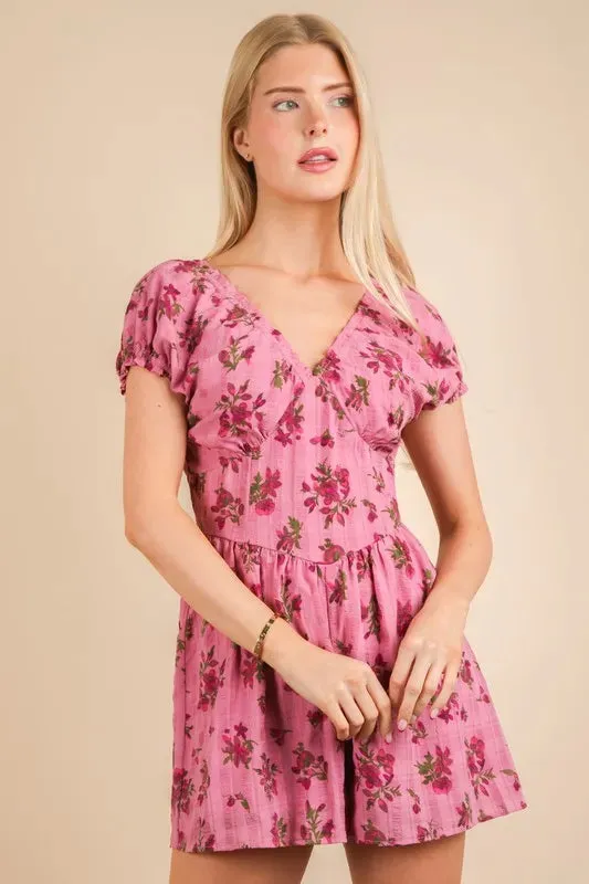 VERY J Floral Printed Ruffle Romper In Pink