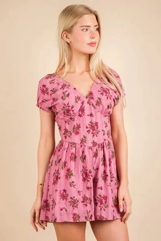 VERY J Floral Printed Ruffle Romper In Pink