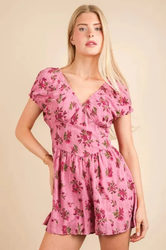 VERY J Floral Printed Ruffle Romper In Pink