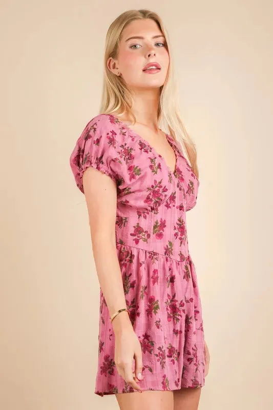 VERY J Floral Printed Ruffle Romper In Pink