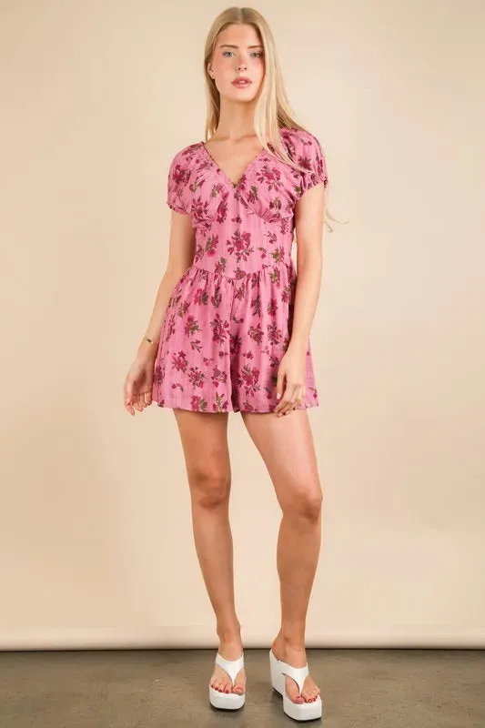 VERY J Floral Printed Ruffle Romper In Pink
