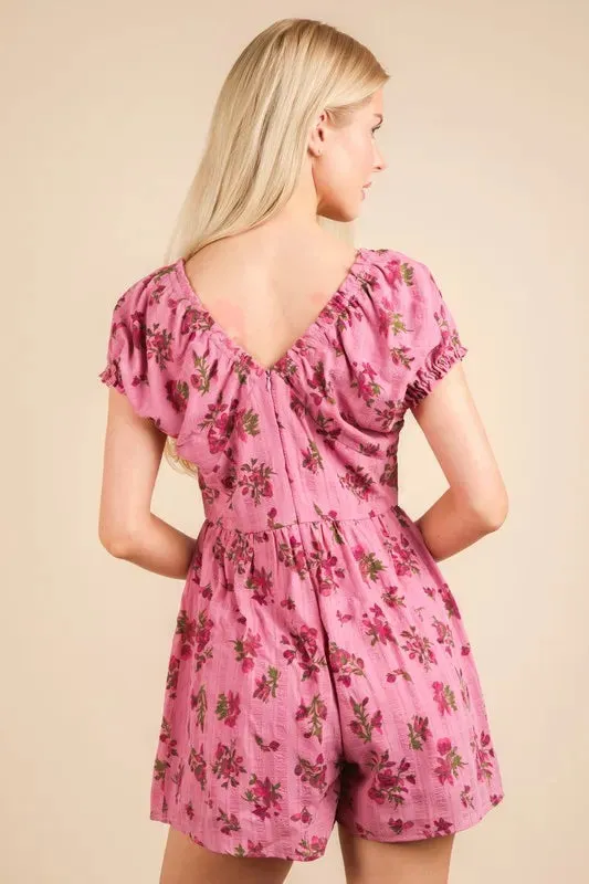 VERY J Floral Printed Ruffle Romper In Pink