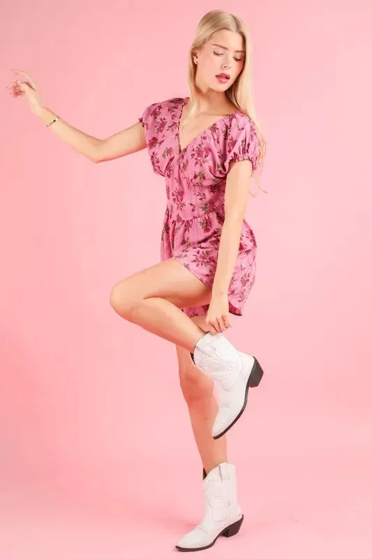 VERY J Floral Printed Ruffle Romper In Pink