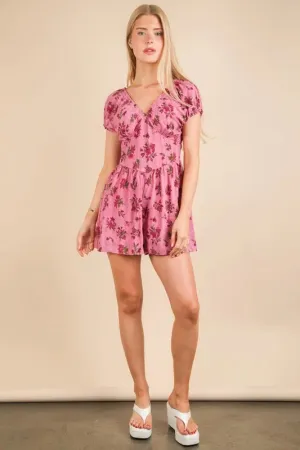 VERY J Floral Printed Ruffle Romper In Pink
