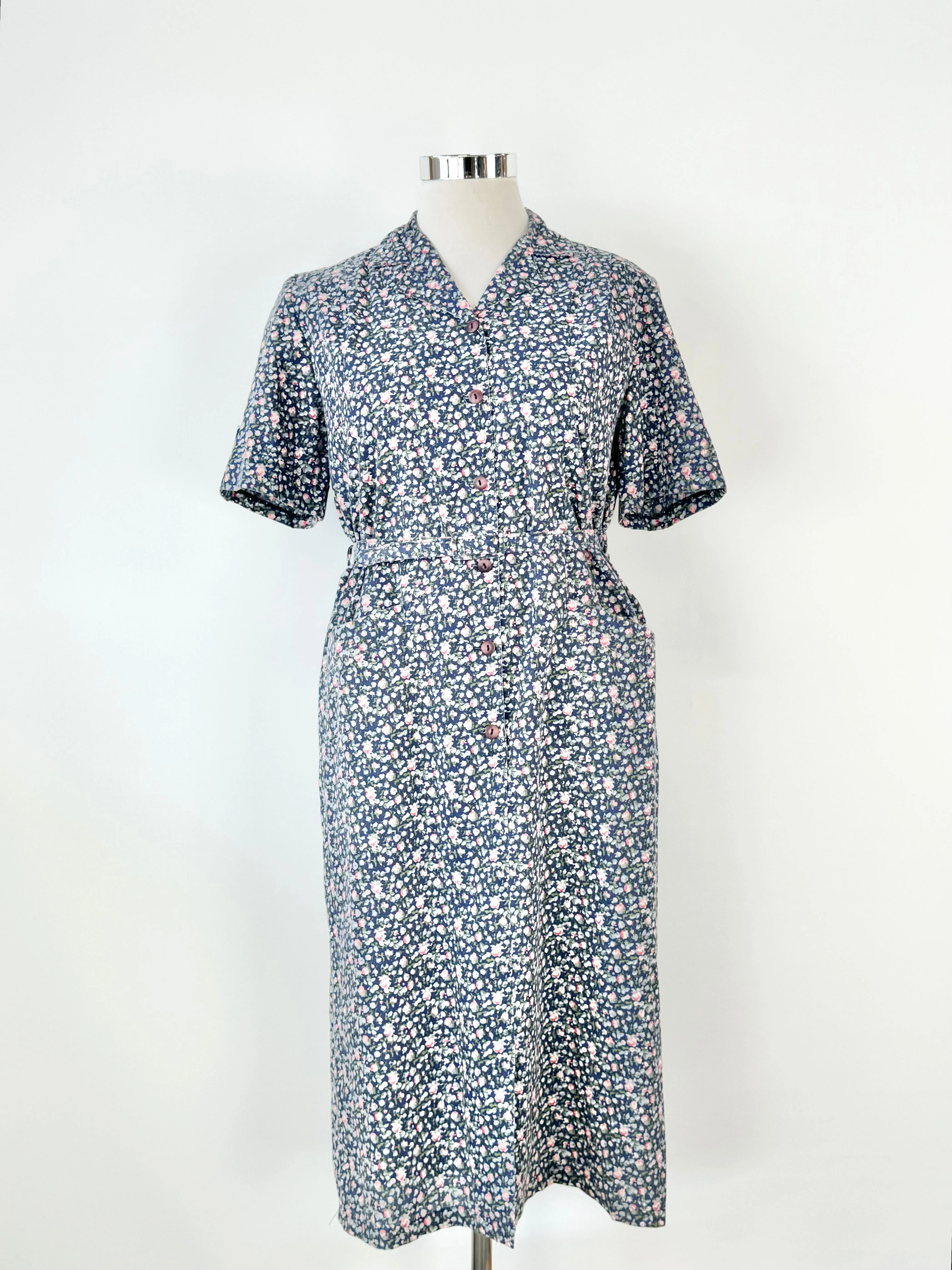 Vintage 80s Styled by David Tosol Blue Floral Dress - AU12