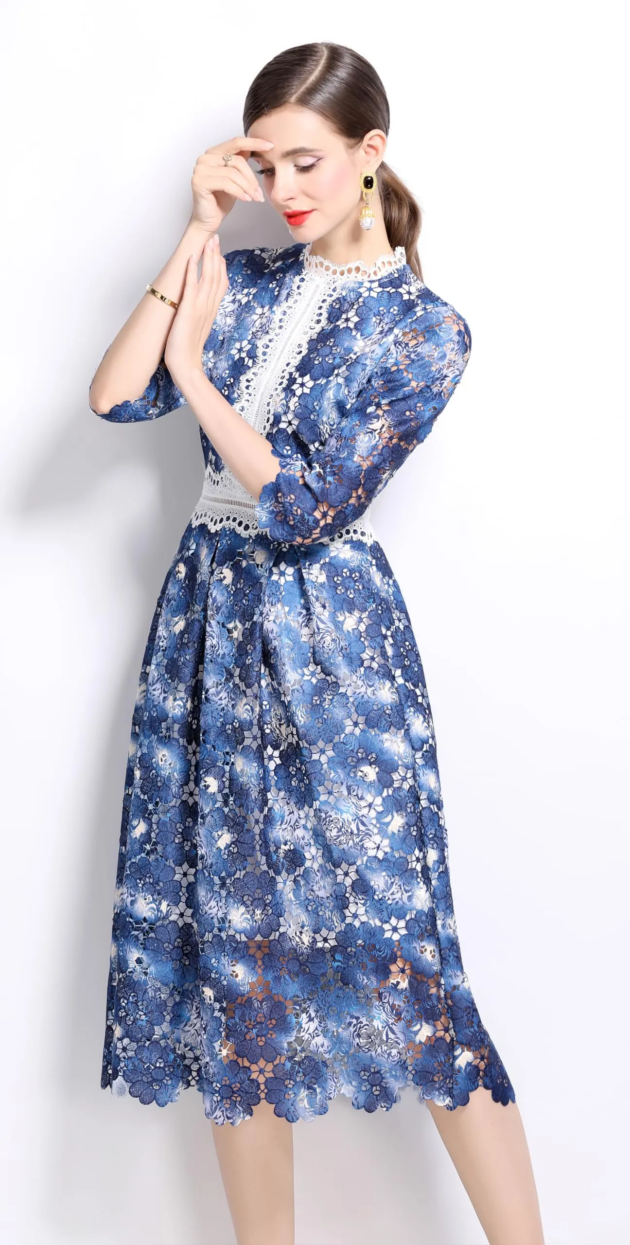 Womens 3/4 Sleeve Floral Print Midi Dress