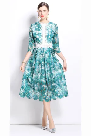 Womens 3/4 Sleeve Floral Print Midi Dress