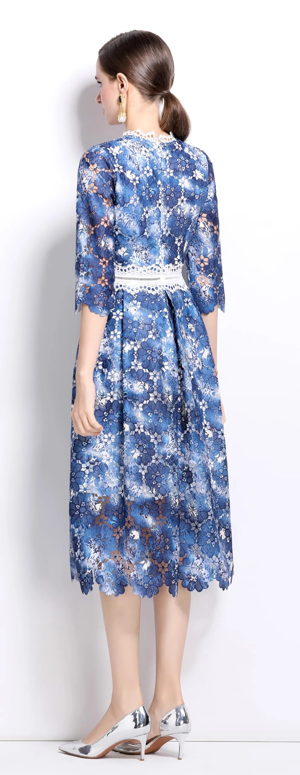 Womens 3/4 Sleeve Floral Print Midi Dress