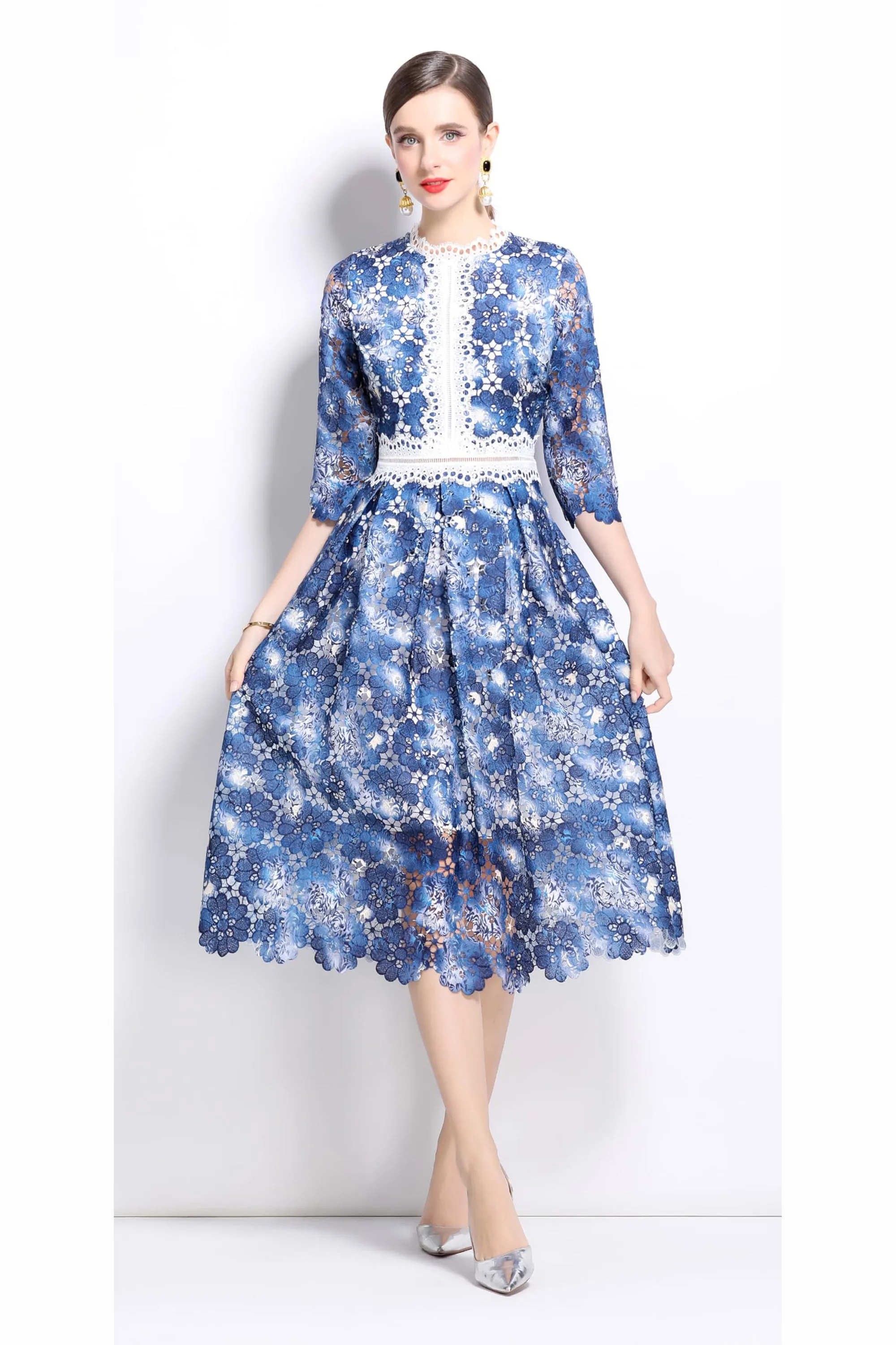 Womens 3/4 Sleeve Floral Print Midi Dress