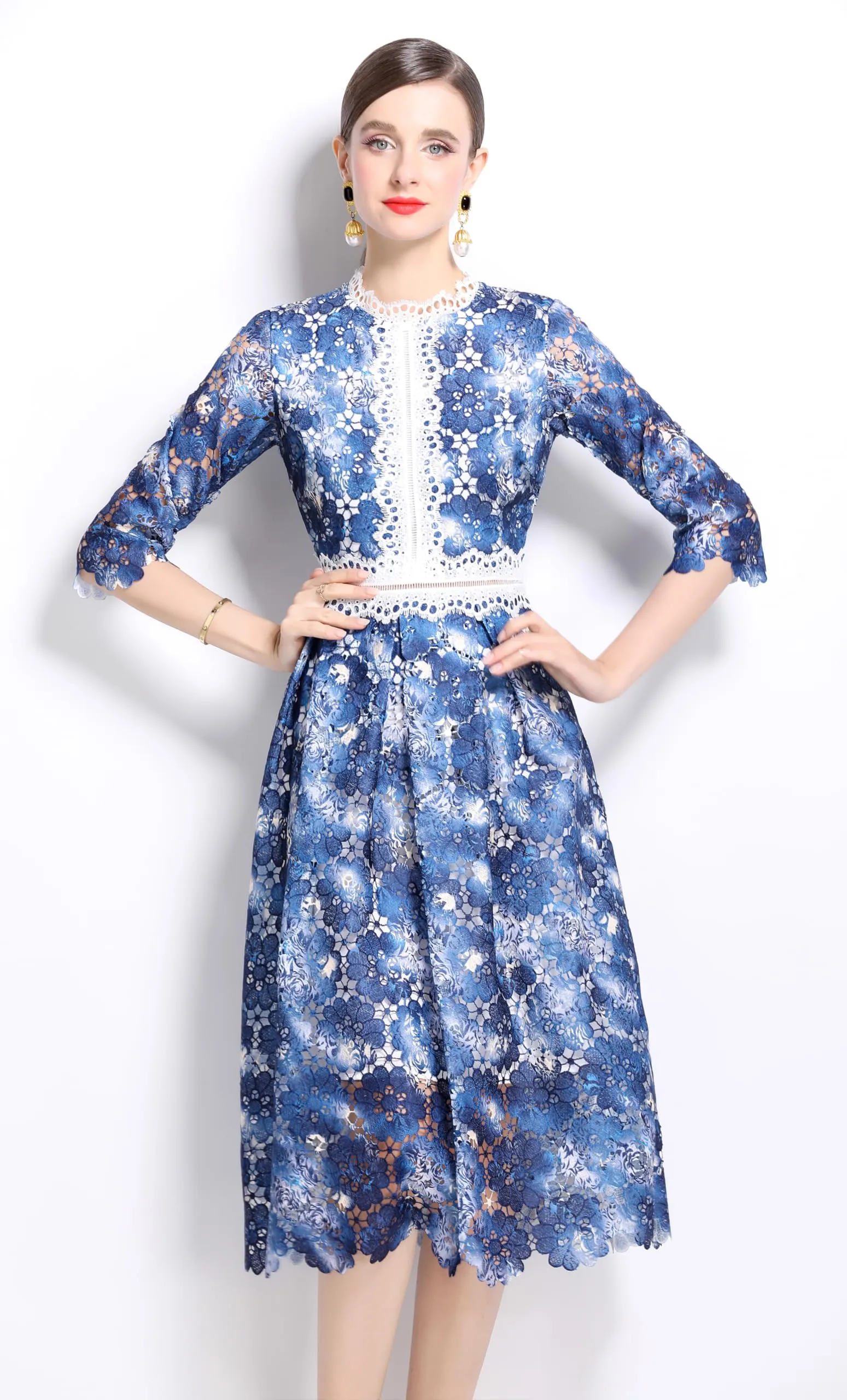 Womens 3/4 Sleeve Floral Print Midi Dress
