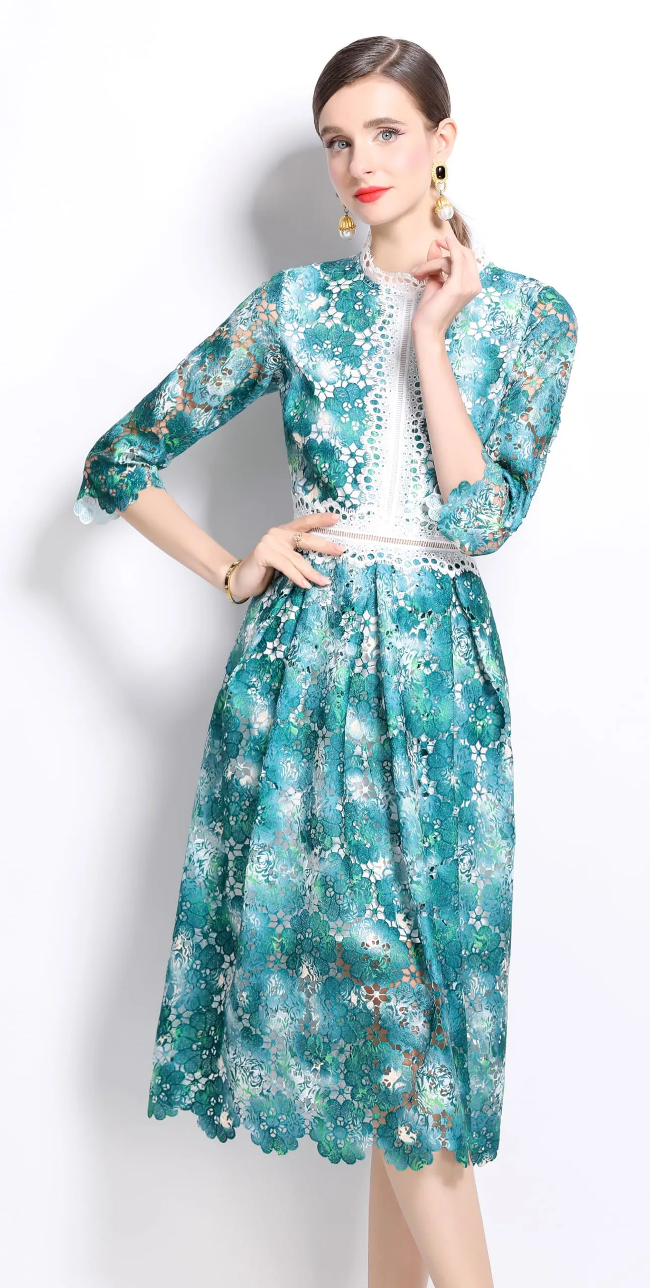 Womens 3/4 Sleeve Floral Print Midi Dress